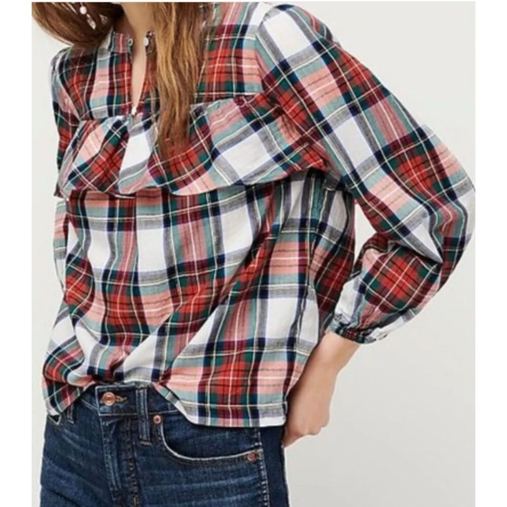 J. Crew Blouse S Women's Tartan Plaid Ruffle Trim Keyhole Neck Long Sleeve Xmas
